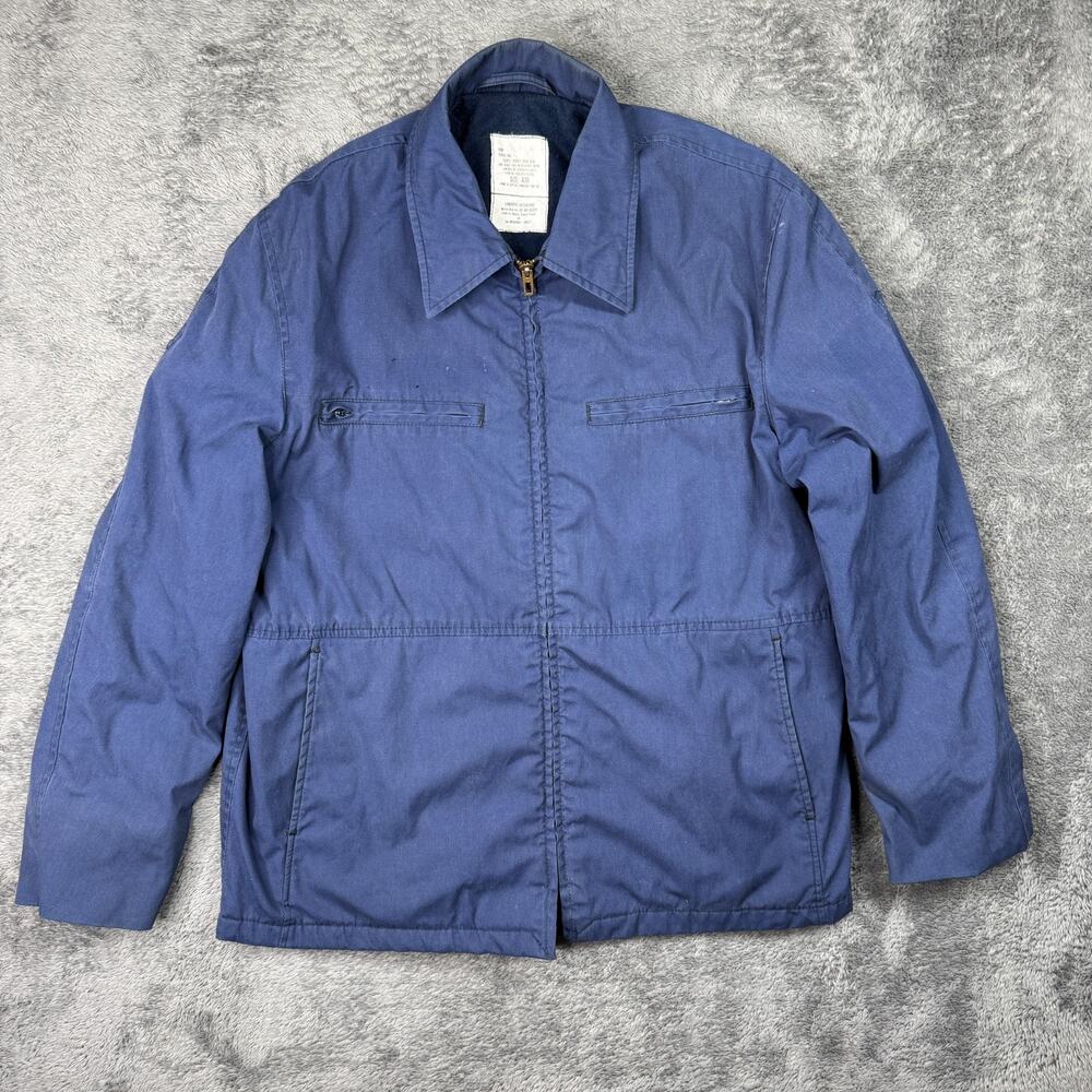 Vintage 80s US Navy Utility Jacket Dark Blue 40R Military Work Coat Fleece Lined